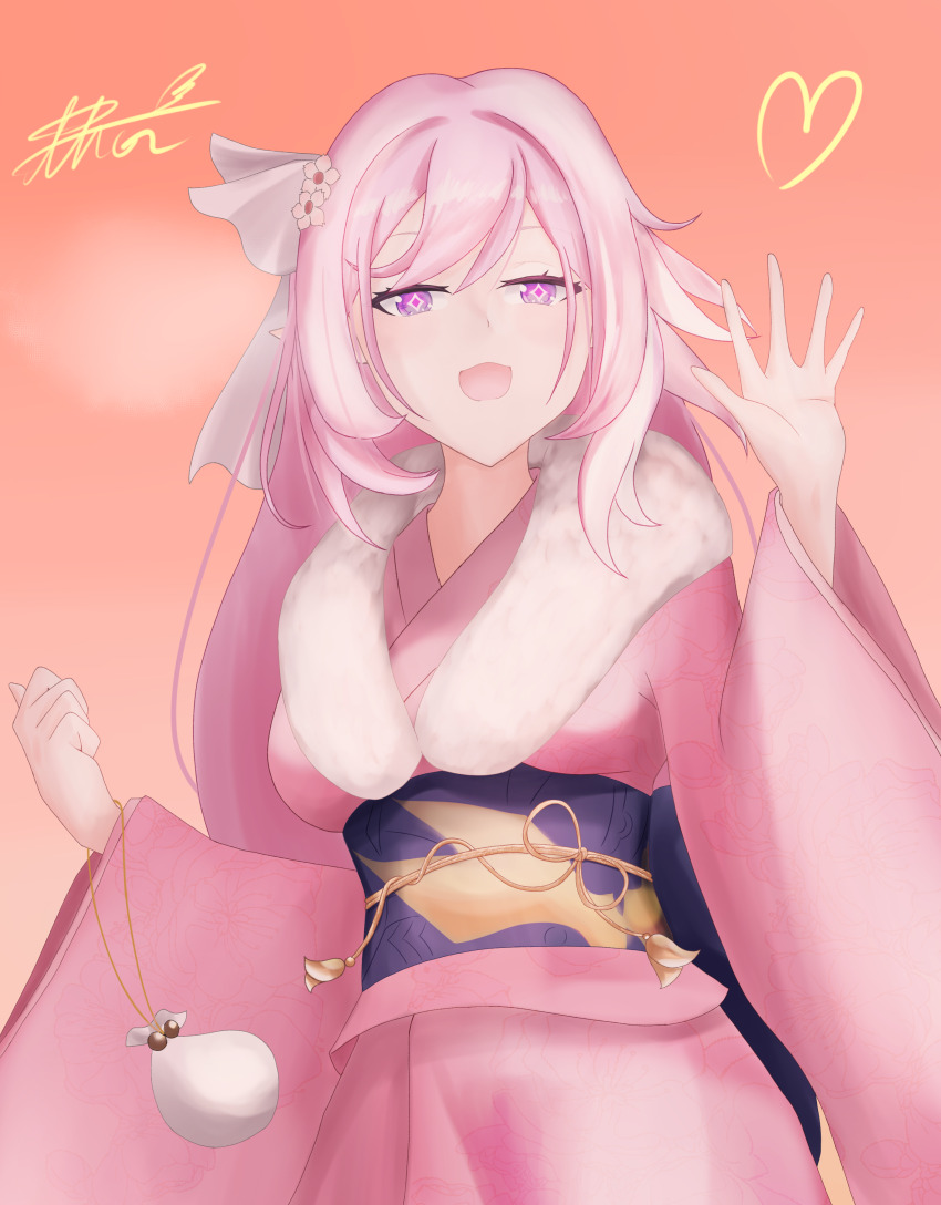 1girl absurdres alternate_costume artist_name breasts diamond-shaped_pupils diamond_(shape) elf elysia_(herrscher_of_human:_ego)_(honkai_impact) elysia_(honkai_impact) fur-trimmed_kimono fur_trim hair_ornament heart highres honkai_(series) honkai_impact_3rd japanese_clothes kimono large_breasts long_hair open_mouth orange_background pink_hair pink_kimono pointy_ears purple_eyes solo symbol-shaped_pupils thor_gdgd very_long_hair waving_hands