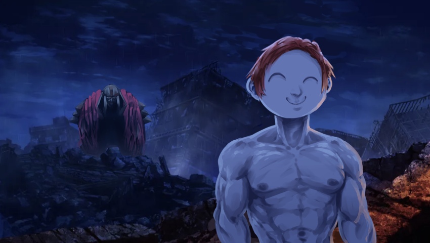 2boys abs absurdres blue_archive blue_sky closed_eyes closed_mouth cloud colored_skin commentary_request fate/stay_night fate_(series) geulyeoom highres korean_commentary male_focus masked multiple_boys muscular muscular_male nipples orange_hair parody phrenapates_(blue_archive) ruins sensei_(blue_archive) short_hair sky smile upper_body very_short_hair white_skin