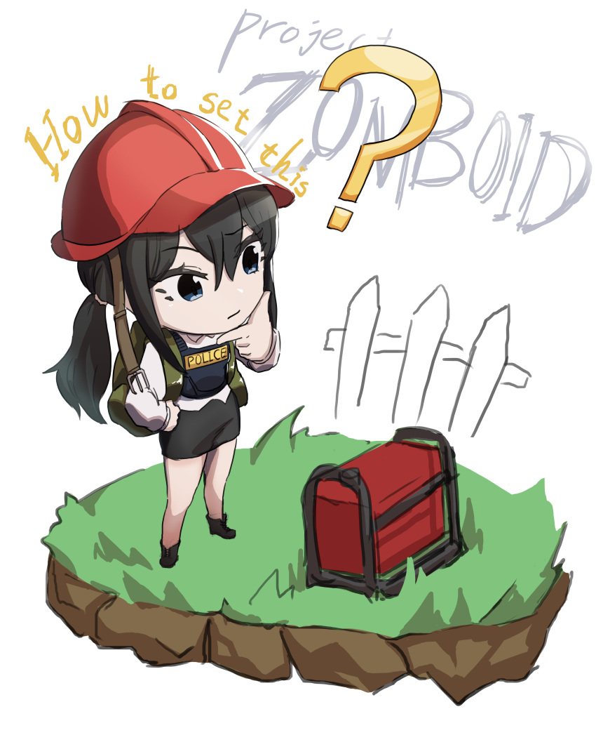 1girl ? absurdres backpack bag black_footwear black_hair black_skirt blue_eyes bulletproof_vest closed_mouth collared_shirt copyright_name english_text engrish_text fence generator grass hair_between_eyes hair_tie hand_on_own_chin hard_hat helmet highres long_sleeves picket_fence ponytail project_zomboid ranguage rasprrybe red_headwear shirt skirt solo standing vest white_shirt wooden_fence