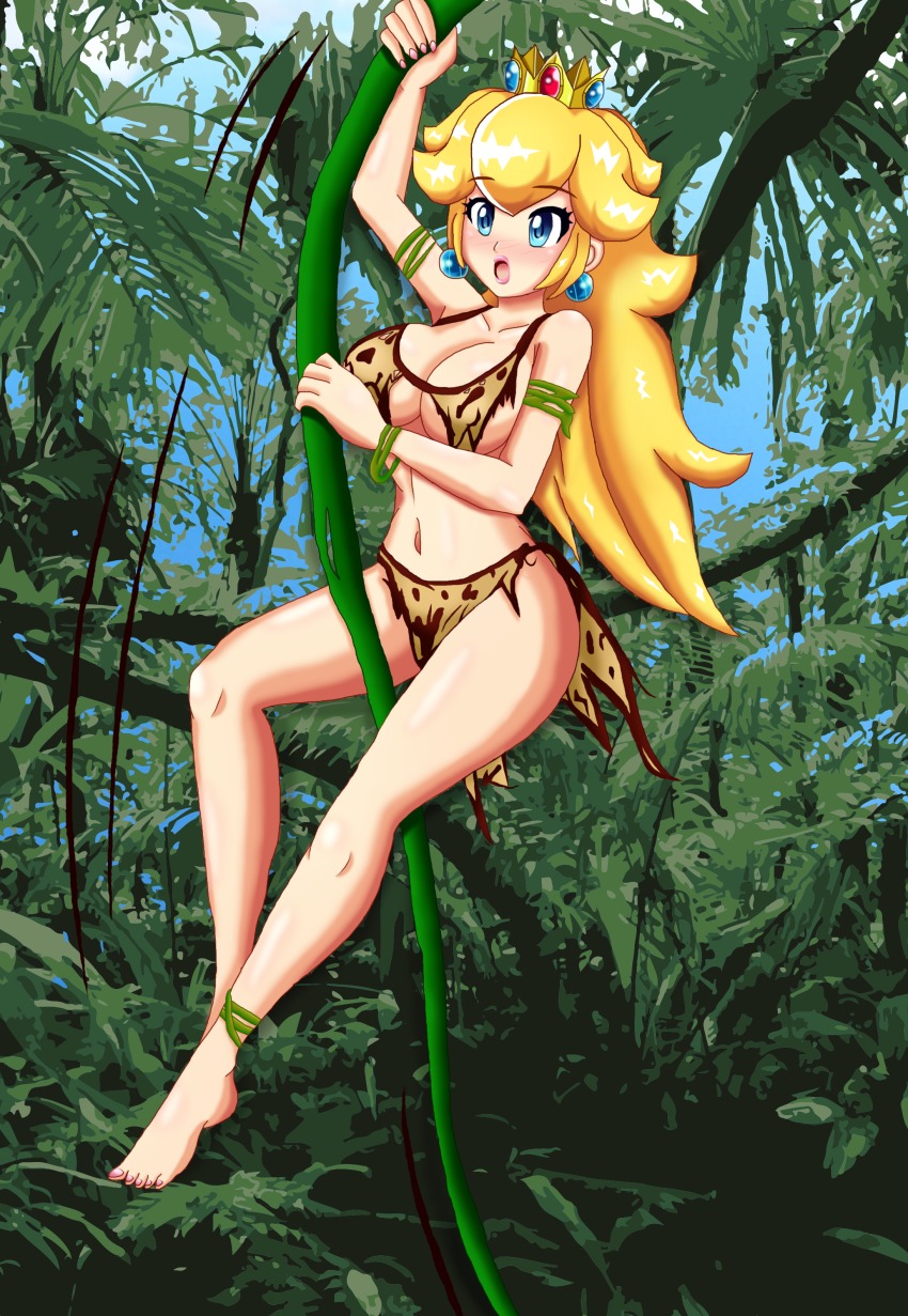 absurdres animal_print bikini blonde_hair blue_eyes earrings highres jewelry jungle leopard_print lips loincloth nail_polish nature plant princess_peach sigurd_hosenfeld swimsuit third-party_edit vines