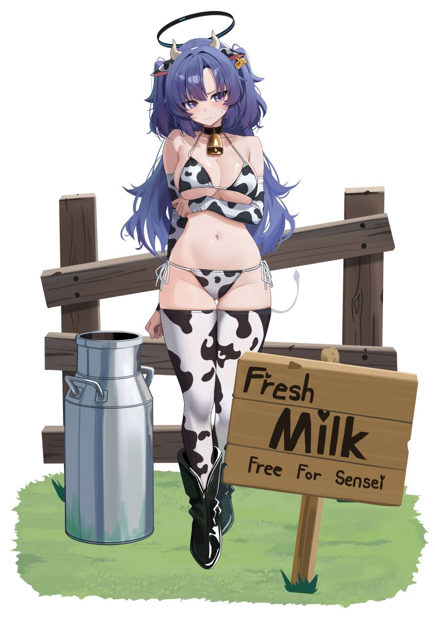 1girl absurdres alternate_costume animal_print bell bikini blue_archive blush breasts cow_print cow_print_bikini cow_print_sleeves cow_print_thighhighs cow_tail fence full_body groin halo halterneck highres large_breasts long_hair mcbox neck_bell print_bikini print_thighhighs purple_eyes purple_hair side-tie_bikini_bottom sign simple_background solo standing sweatdrop swimsuit tail thigh_gap thighhighs two_side_up very_long_hair white_background wooden_fence yuuka_(blue_archive)