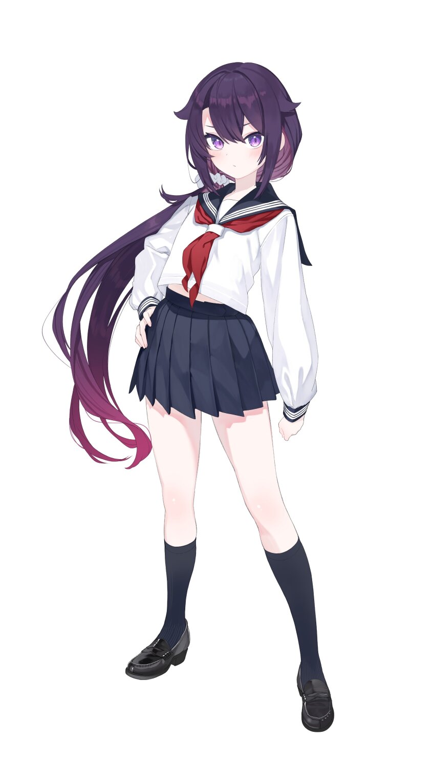 1girl absurdres blush full_body highres loafers long_hair looking_at_viewer low_ponytail neckerchief original pleated_skirt ponytail purple_eyes purple_hair school_uniform serafuku setsuna_(miraichizu) shoes simple_background skirt socks solo very_long_hair white_background zero_(miraichizu)