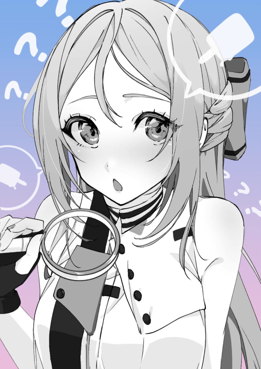 1girl ? ?? bare_shoulders bladeless_fan bow braid fingerless_gloves folkwang_(nikke) food gloves goddess_of_victory:_nikke gradient_background hair_bow highres holding light_blush long_hair looking_at_viewer mikuron_0 monochrome open_mouth popsicle shirt sidelocks sleeveless sleeveless_shirt solo upper_body