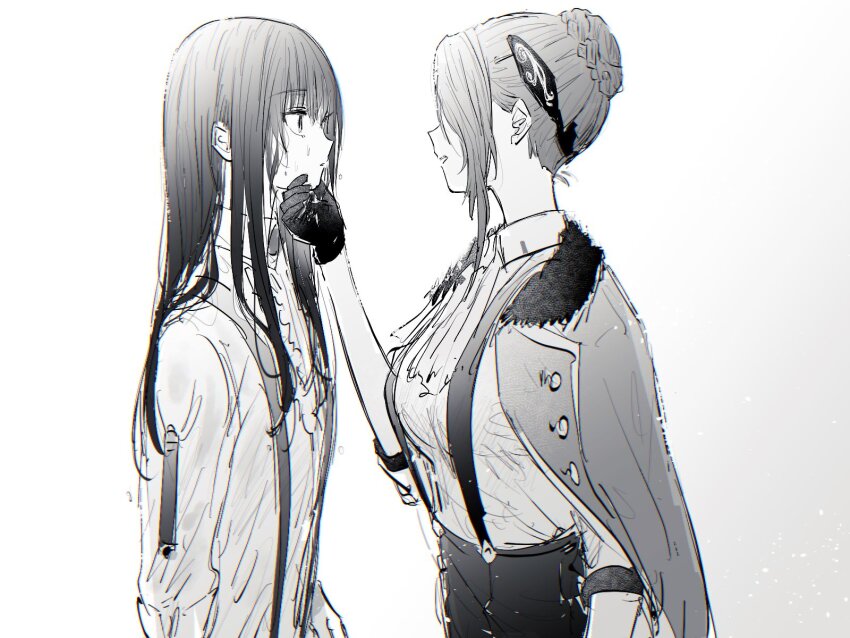 2girls black_hair face-to-face gloves hanamura_shiki hand_on_another&#039;s_chin heaven_burns_red highres jacket jacket_on_shoulders kulfiq long_hair looking_at_another monochrome multiple_girls overalls shirt sidelocks suspenders white_shirt yanagi_mion yuri