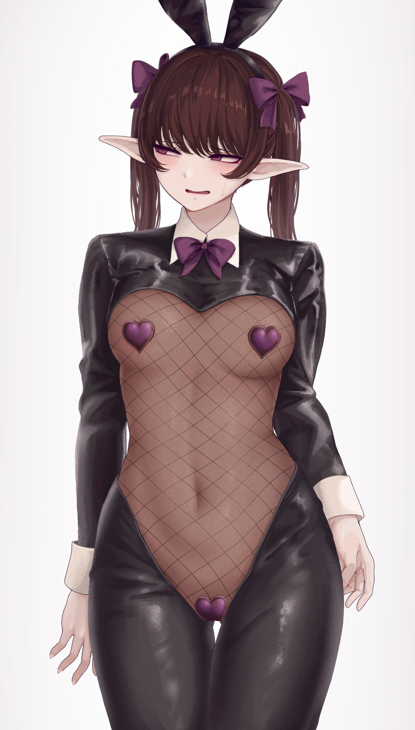 1girl absurdres alternate_costume animal_ears averting_eyes bodystocking bow breasts brown_hair cowboy_shot crotchless crotchless_pantyhose embarrassed fake_animal_ears fishnet_bodystocking fishnets hair_bow heart_maebari heart_pasties highres himekaidou_hatate long_sleeves maebari medium_breasts pantyhose pasties pointy_ears purple_bow purple_eyes rabbit_ears reverse_bunnysuit reverse_outfit shrug_(clothing) simple_background solo son_(c100011) touhou twintails white_background