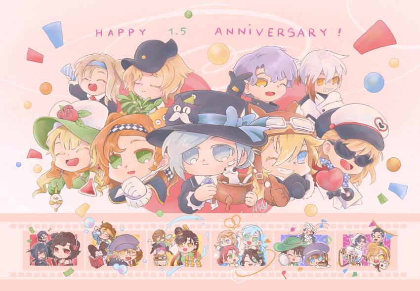 1other 210_(reverse:1999) 37_(reverse:1999) 6+boys 6+girls 6_(reverse:1999) airu_(airu_27) anjo_nala anniversary apple apple_(reverse:1999) arcana_(reverse:1999) bessmert_(reverse:1999) black_bow black_bowtie black_hair blonde_hair boater_hat bow bowtie carbuncle_(reverse:1999) chibi creature_on_head diggers_(reverse:1999) dog druvis_iii film_strip food forget_me_not_(reverse:1999) fruit getian_(reverse:1999) grey_hair han_zhang_(reverse:1999) hat hofmann_knot holding isolde_(reverse:1999) jiu_niangzi kakania_(reverse:1999) lilya_(reverse:1999) long_hair lopera_(reverse:1999) marcus_(reverse:1999) matilda_bouanich medicine_pocket melania_(reverse:1999) mr._duncan_(reverse:1999) multiple_boys multiple_girls newsboy_cap orange_hair pickles_(reverse:1999) pink_background regulus_(reverse:1999) reverse:1999 schneider_(reverse:1999) ship_in_a_bottle short_hair skeletal_hand sonetto_(reverse:1999) sophia_(reverse:1999) sotheby sunglasses traditional_bowtie upper_body vertin_(reverse:1999) white_hair white_rum_(reverse:1999) x_(reverse:1999) yenisei_(reverse:1999)