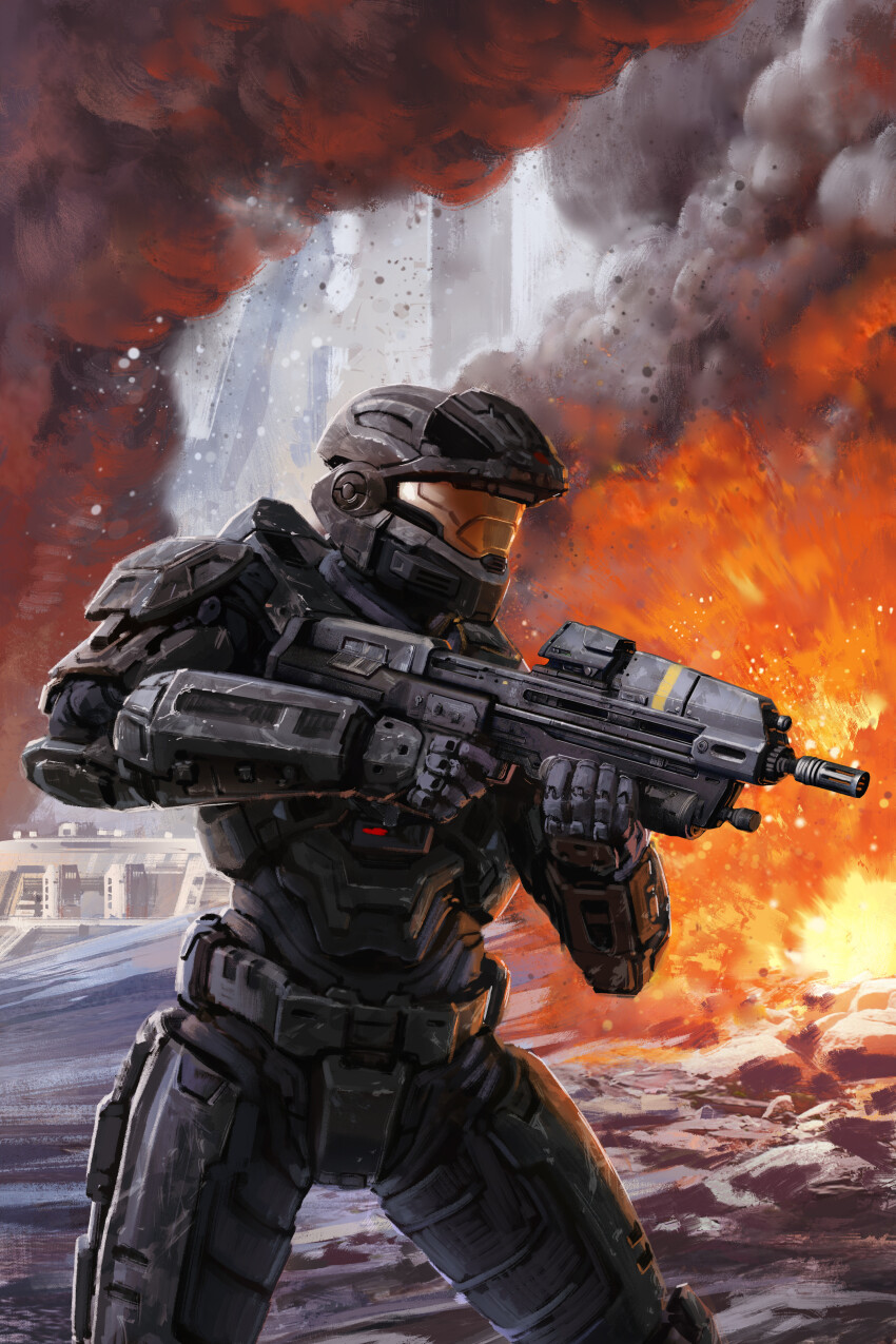 absurdres aiming ambiguous_gender armor assault_rifle battlefield explosion fire full_armor gun halo:_reach halo_(series) helmet highres holding holding_weapon isaac_hannaford power_armor rifle smoke spartan-b312 spartan_(halo) war weapon