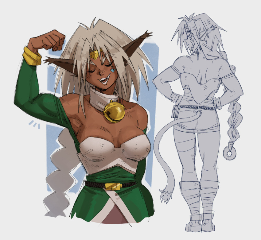 aisha_clanclan animal_ears bell braid breasts cat_ears circlet dark-skinned_female dark_skin flexing gutalalaman highres jingle_bell long_hair medium_breasts muscular muscular_female neck_bell outlaw_star single_braid very_long_hair
