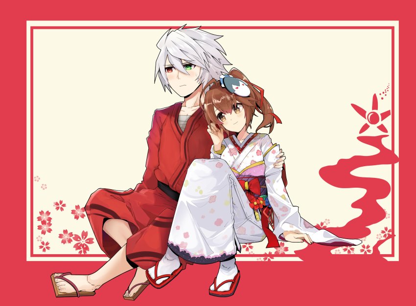 1boy 1girl absurdres ahoge antenna_hair blazblue blush celica_a._mercury couple hair_between_eyes hair_ornament hair_ribbon happy highres hug japanese_clothes kimono new_year ponytail ragna_the_bloodedge ribbon short_hair sleepy_frippy smile tagme white_hair