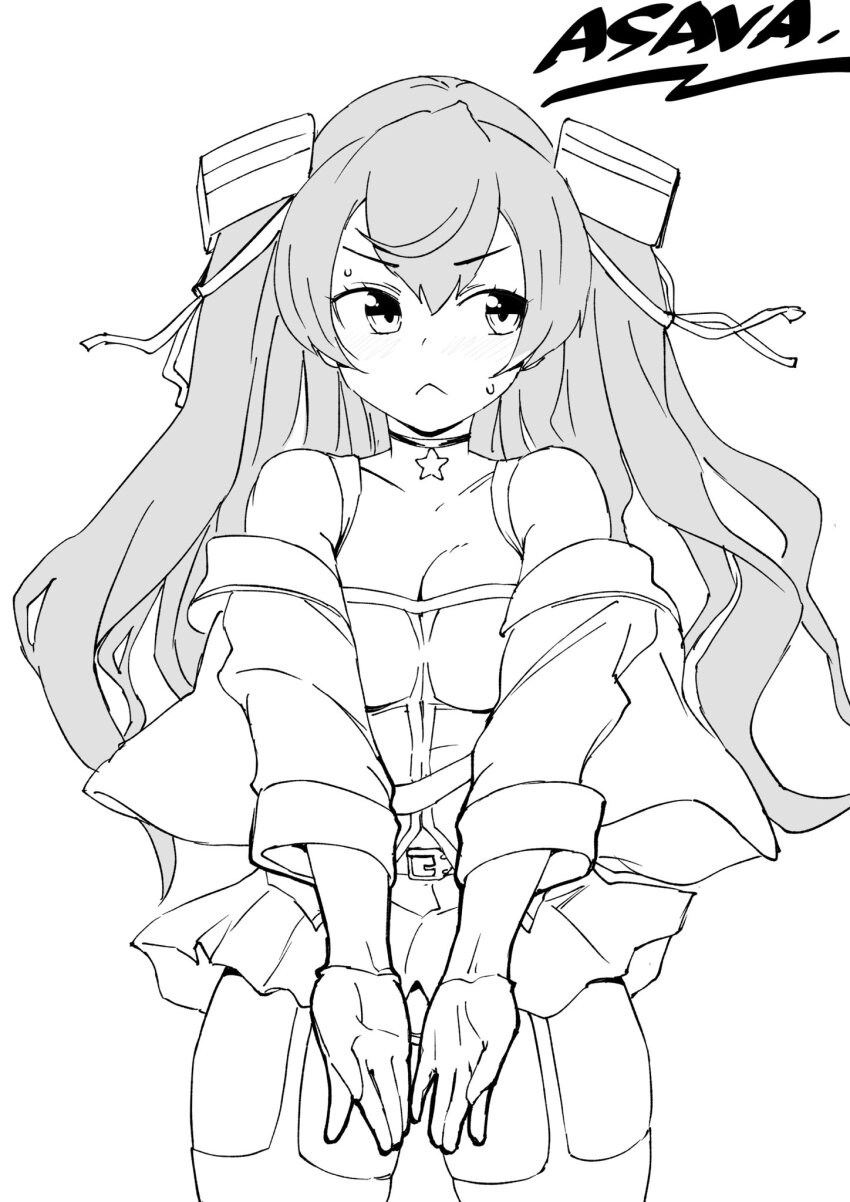 1girl artist_name asava_(hutaitenn) breasts dress facing_viewer garter_straps greyscale headgear highres johnston_(kancolle) kantai_collection medium_breasts monochrome off-shoulder_shirt off_shoulder official_alternate_costume pleated_dress shirt sideways_glance solo thighhighs two_side_up