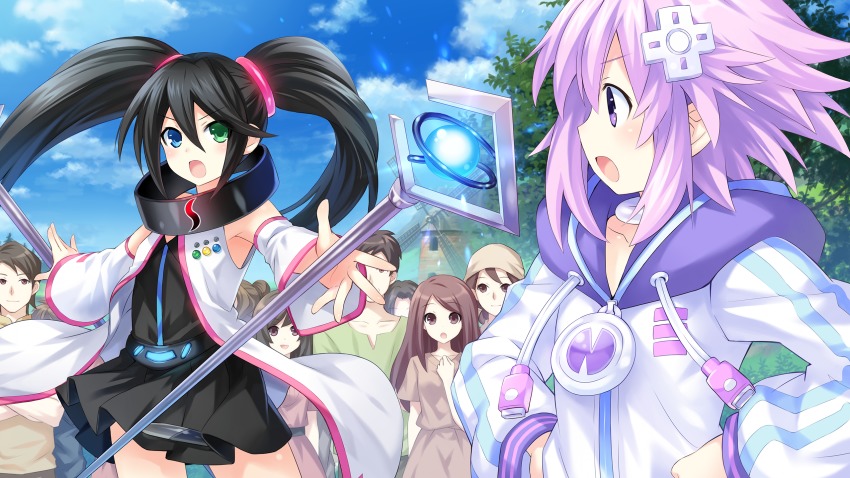 black_hair blue_eyes choujigen_taisen_neptune_vs_sega_hard_girls d-pad detached_sleeves game_cg game_console glowing green_eyes hair_ornament heterochromia highres long_hair multiple_boys multiple_girls neptune_(neptunia) neptune_(series) purple_eyes purple_hair sega_hard_girls sega_saturn_(sega_hard_girls) short_hair staff tsunako twintails