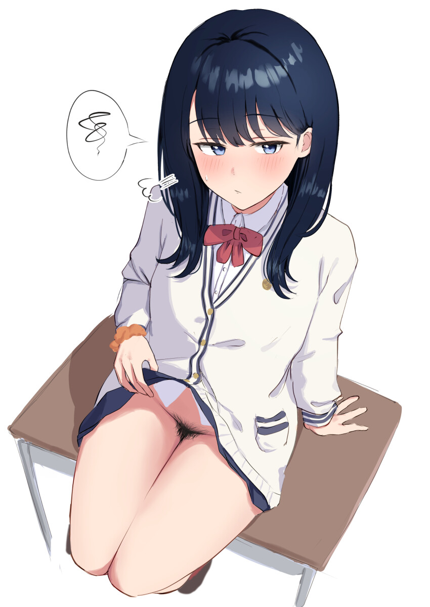 1girl absurdres arm_at_side black_hair black_pubic_hair blue_eyes bow bowtie cardigan female_pubic_hair from_above gridman_universe hand_on_ground highres legs_together lifting_own_clothes long_sleeves looking_at_viewer medium_hair muraka_(numacha) no_panties pubic_hair puff_of_air red_bow red_bowtie revision school_uniform shirt simple_background sitting sitting_on_table solo ssss.gridman table takarada_rikka thighs white_background white_cardigan white_shirt