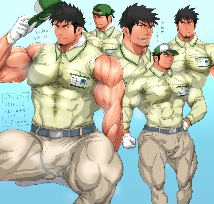 1boy absurdres armpits bara black_hair body_hair crotch hat highres male_focus muscular original sitting solo steam sweat yuatari