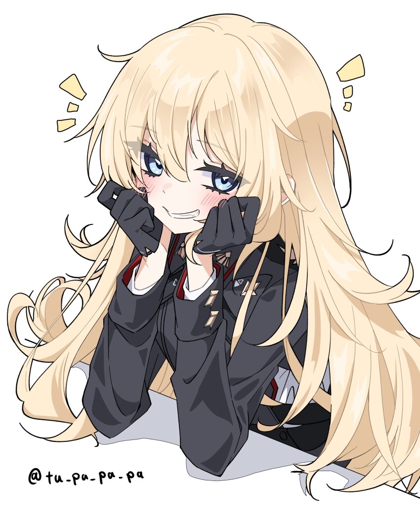 1girl absurdres ahoge blonde_hair blue_eyes blush eyes_visible_through_hair gloves goddess_of_victory:_nikke grin guillotine_(nikke) half_gloves head_on_hands highres jacket long_hair looking_at_viewer smile tu_pa_pa_pa twitter_username very_long_hair white_background