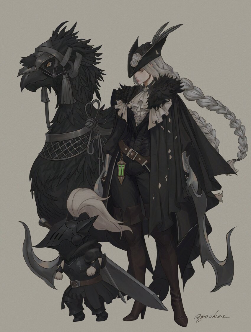 1girl absurdres armor ascot boots felyne full_body grey_hair hat highres lala_barina_(armor) long_hair monster_hunter_(series) monster_hunter_wilds seikret_(monster_hunter) sword thigh_boots very_long_hair weapon yuki_lu