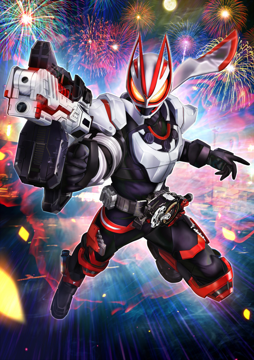 1boy animal_ears armor armored_boots black_bodysuit black_boots black_gloves bodysuit boost_buckle boots breastplate bridge cityscape commentary_request compound_eyes desire_driver exhaust exhaust_pipe fire fireworks fox fox_ears fox_mask full_body gloves gun handgun highres holding holding_weapon kamen_rider kamen_rider_geats kamen_rider_geats_(series) kitsune leg_up magnum_boost magnum_buckle magnum_shooter_40x male_focus mask masukudo_(hamamoto_hikaru) mechanical_legs motor_vehicle motorcycle orange_armor orange_eyes raise_buckle red_scarf redesign rider_belt rifle scarf shoulder_armor smoke smoking_barrel solo tokusatsu weapon white_armor white_scarf yellow_eyes