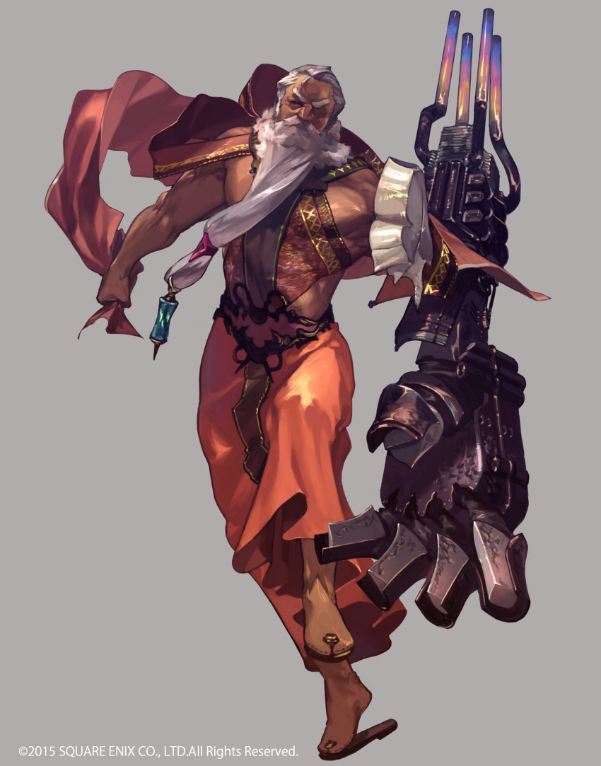 1boy beard character_request closed_eyes commentary_request copyright_notice facial_hair full_body grey_background grey_hair highres holy_dungeon long_beard male_focus mechanical_arms mustache official_art old old_man pectorals sandals sidepec simple_background single_mechanical_arm so-taro solo v-shaped_eyebrows very_long_beard