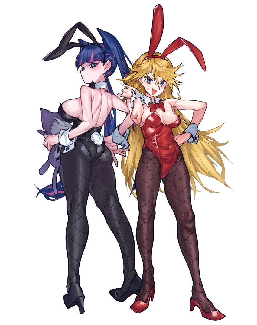2girls absurdres animal_ears ass bare_shoulders black_footwear black_leotard blonde_hair blue_eyes bow bowtie breasts covered_navel detached_collar fake_animal_ears fake_tail fishnet_pantyhose fishnets high_heels highleg highleg_leotard highres honekoneko_(psg) large_breasts leotard long_hair medium_breasts multicolored_hair multiple_girls panty_&amp;_stocking_with_garterbelt panty_(psg) pantyhose pink_hair playboy_bunny purple_hair rabbit_ears rabbit_tail red_footwear red_leotard siblings sideboob sisters stocking_(psg) strapless strapless_leotard stuffed_animal stuffed_cat stuffed_toy tail traditional_bowtie twintails waa153 wrist_cuffs