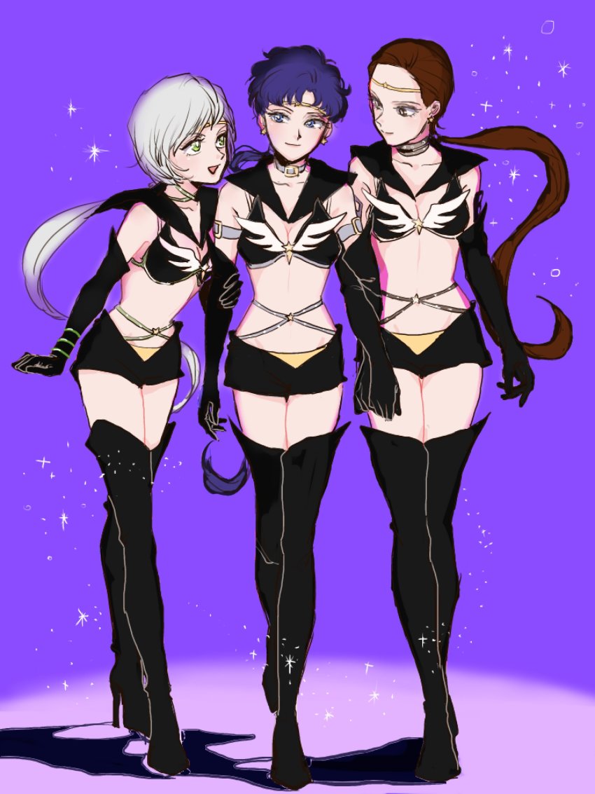 3girls absurdres bikini bikini_top_only bishoujo_senshi_sailor_moon bishoujo_senshi_sailor_moon_sailor_stars bishoujo_senshi_sailor_moon_stars black_bikini boots choker full_body high_heel_boots high_heels highres long_hair low_ponytail multiple_girls nora_kokoko ponytail purple_background sailor_star_fighter sailor_star_healer sailor_star_maker seiya_kou short_shorts shorts simple_background swimsuit taiki_kou thighhighs yaten_kou
