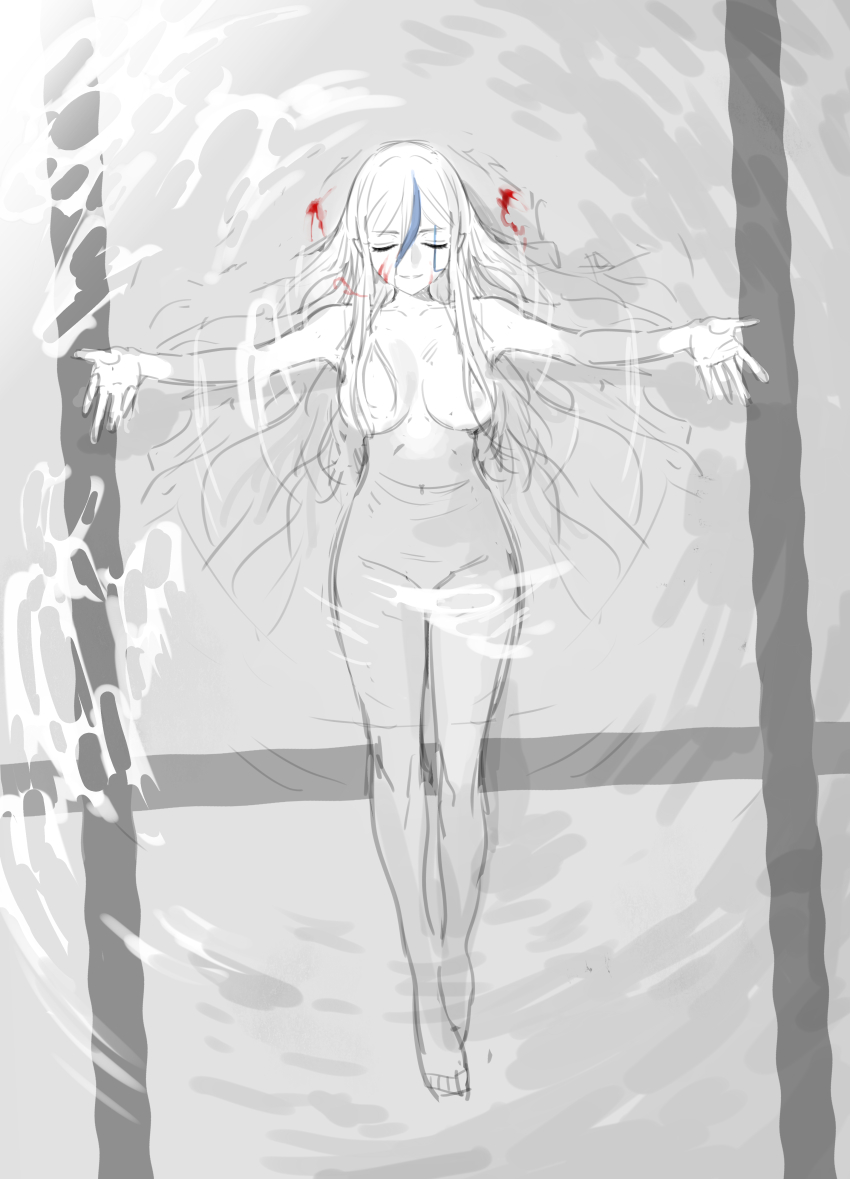 1girl 4oji344 absurdres afloat blood blood_stain closed_eyes completely_nude heterochromia highres long_hair nude pool the_hundred_line_-last_defense_academy- v&#039;ehxness white_hair