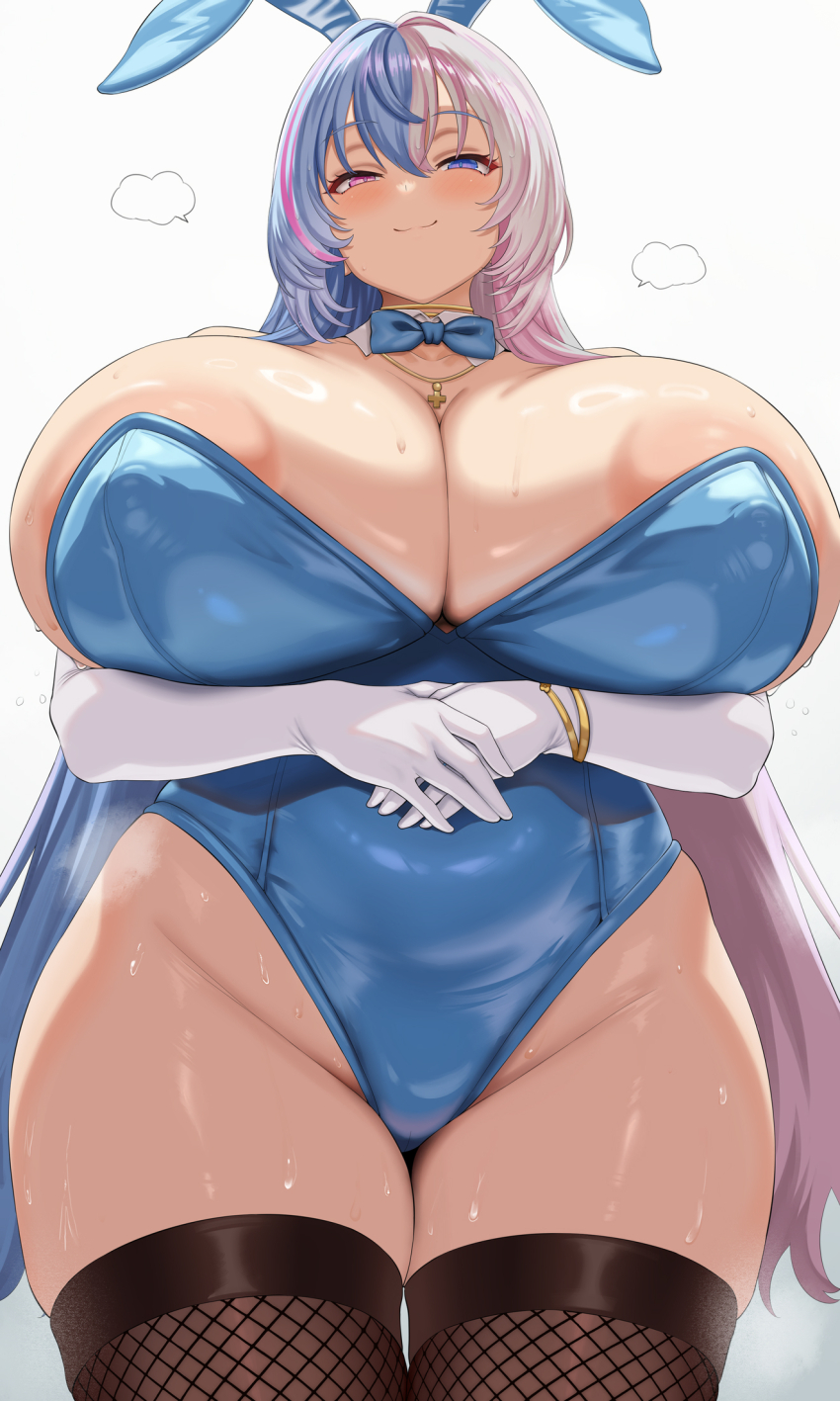1girl areola_slip bare_shoulders blue_bow blue_bowtie blue_eyes blue_hair blue_leotard bow bowtie bracelet breasts brown_thighhighs chomikuplus cleavage closed_mouth collarbone commentary_request cowboy_shot cross cross_necklace detached_collar elbow_gloves fishnet_thighhighs fishnets from_below gloves groin hair_between_eyes heterochromia highres huge_breasts jewelry leotard light_blush long_hair looking_at_viewer looking_down low_neckline multicolored_hair necklace original partial_commentary pink_eyes pink_hair playboy_bunny plunging_neckline pov simple_background skindentation smile solo steam steaming_body sweat thighhighs thighs two-tone_hair undersized_breast_cup very_long_hair white_background white_gloves
