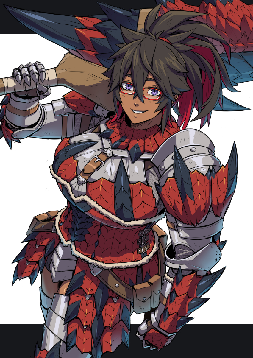 1girl absurdres armor black_hair breastplate breasts colored_inner_hair commentary crossed_bangs cuirass english_commentary exaxuxer faulds gauntlets glasses greaves guilty_gear guilty_gear_strive hair_between_eyes highres holding holding_sword holding_weapon huge_weapon large_breasts long_hair looking_at_viewer monster_hunter_(character) monster_hunter_(series) multicolored_hair over_shoulder parody pauldrons ponytail purple_eyes rathalos_(armor) red-framed_eyewear red_hair shoulder_armor solo spiked_arm style_parody sword two-tone_hair weapon weapon_over_shoulder