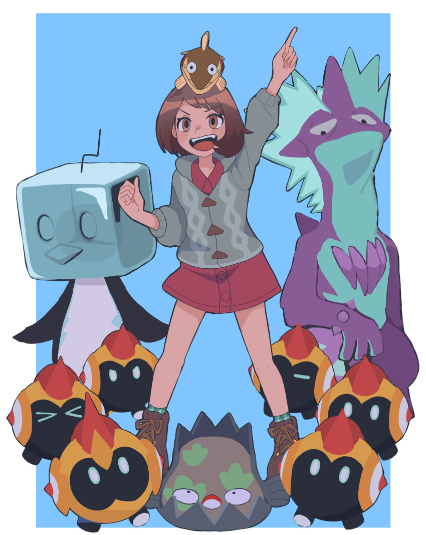 1girl :d absurdres arm_up arrokuda blue_background boots border brown_eyes brown_footwear brown_hair buttons cardigan clenched_hand commentary_request dress eiscue eiscue_(ice) falinks galarian_form galarian_stunfisk gen_8_pokemon gloria_(pokemon) grey_cardigan highres index_finger_raised nanase_(trfok1) nintendo open_mouth pokemon pokemon_(creature) pokemon_swsh short_hair smile socks teeth tongue toxtricity toxtricity_(low_key) upper_teeth_only white_border