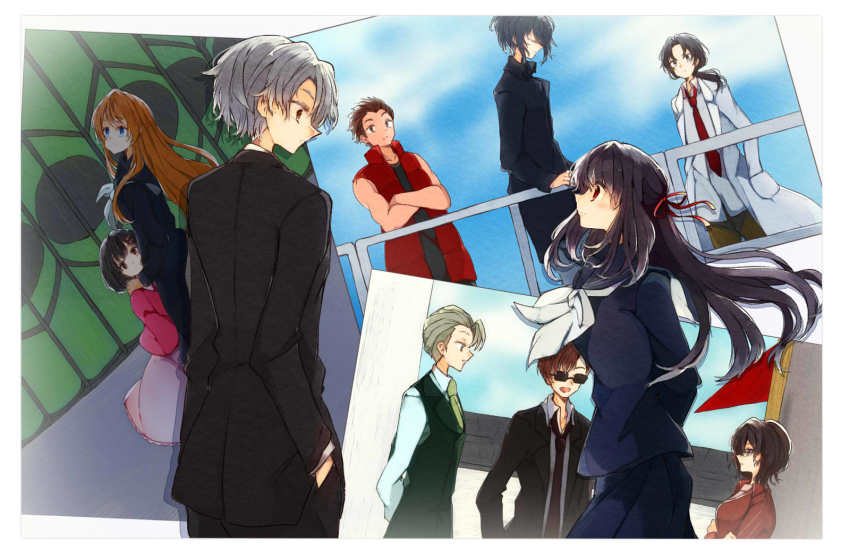 4girls 6+boys as_(yesahp) bare_shoulders black_serafuku blue_eyes blunt_bangs brown_hair formal_clothes grey_hair hair_ribbon highres himeno_mikoto himuro_hitoshi kaga_tsuyoshi kaii_shoukougun kaii_shoukougun_2 kajiro_haruko kajiro_yuka kanamori_hinako kirisaki_shouta kogure_shinichi long_hair multiple_boys multiple_girls nakagawa_ryousuke ponytail ribbon school_uniform serafuku short_hair siblings sisters suit sunglasses takagi_kenji vest