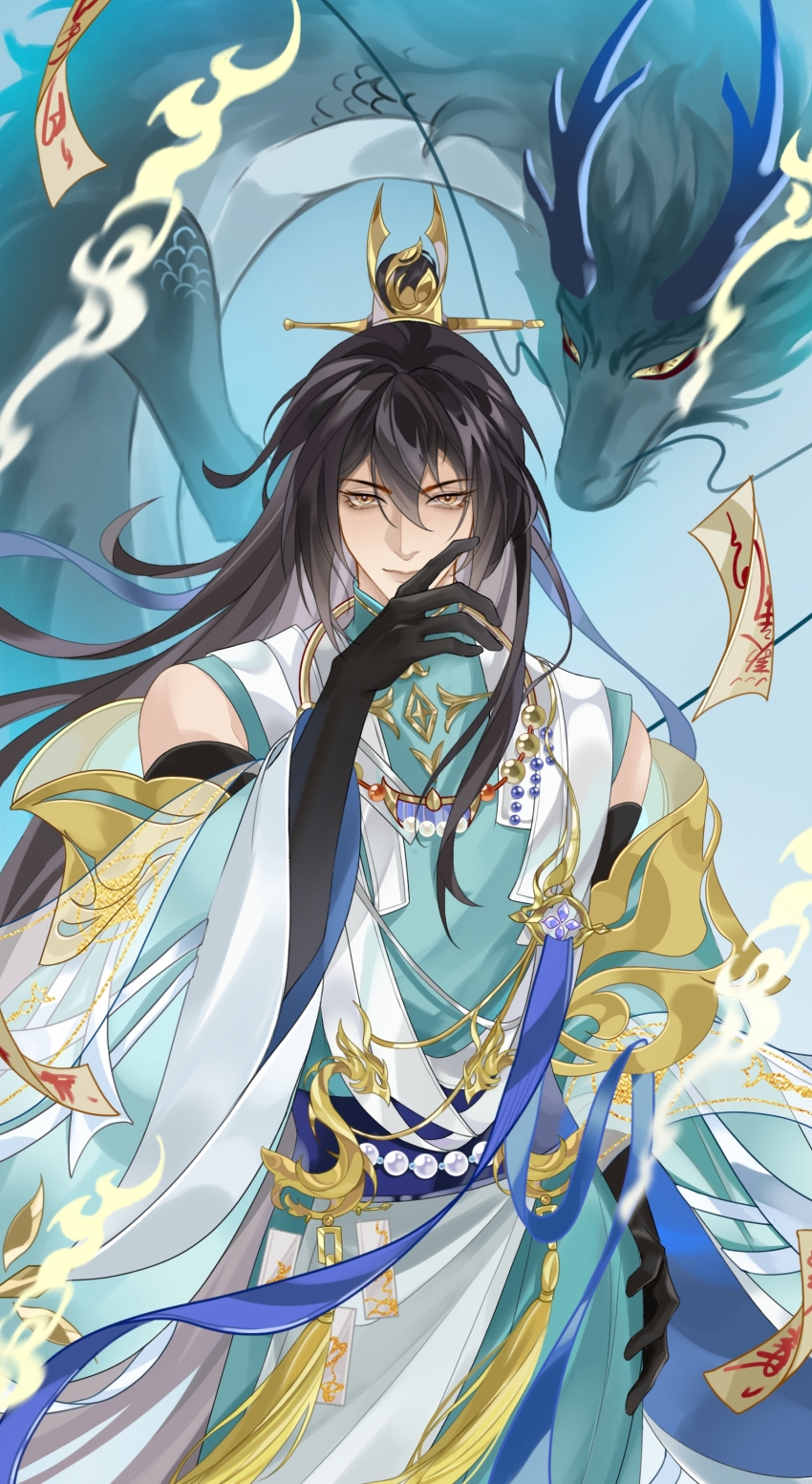 1boy absurdres aegyo_sal aqua_hanfu aqua_robe bare_shoulders black_gloves black_hair blue_background blue_ribbon blue_sash chinese_clothes chinese_commentary closed_mouth cowboy_shot detached_sleeves dongfang_xianyun dragon eastern_dragon elbow_gloves gem gloves gold_necklace gongzi_xiyu hair_between_eyes hand_on_own_chin hand_on_own_hip hanfu highres hua_yi_shanxin_zhiyue jewelry lips long_hair long_sleeves looking_at_viewer male_focus multicolored_robe necklace pearl_(gemstone) ribbon robe sash see-through_clothes sleeveless_robe smile smoke solo standing talisman topknot waist_sash white_hanfu white_robe wide_sleeves wo_jia_da_shixiong_naozi_you_keng xiao_guan_(headdress) yellow_eyes