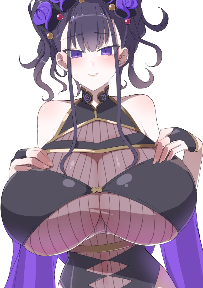 1girl akitokage armlet bare_shoulders black_gloves black_one-piece_swimsuit blush breasts fate/grand_order fate_(series) fingerless_gloves flower gloves gold_trim grin hair_flower hair_ornament hair_up half_gloves highres huge_breasts jewelry long_hair looking_at_viewer murasaki_shikibu_(fate) murasaki_shikibu_(swimsuit_rider)_(fate) murasaki_shikibu_(swimsuit_rider)_(first_ascension)_(fate) one-piece_swimsuit purple_eyes purple_hair smile solo swimsuit