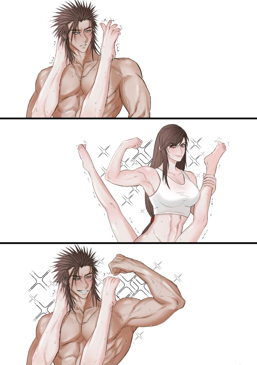 2boys 2girls abs absurdres aerith_gainsborough american_psycho american_psycho_sex_scene_(meme) bare_arms barefoot black_hair blue_eyes breasts chain chain_necklace cleavage cloud_strife crop_top final_fantasy final_fantasy_vii flexing furrowed_brow grin hair_between_eyes hair_slicked_back hair_tie highres holding_another&#039;s_leg implied_sex jewelry large_breasts long_hair looking_at_another low-tied_long_hair medium_hair meme midriff multiple_boys multiple_girls muscular muscular_female muscular_male navel necklace parted_lips red_eyes shirt sideburns smile sparkle sweat teeth tifa_lockhart topless_male trembling white_background white_shirt yaoi yuri zack_fair zaxkura69
