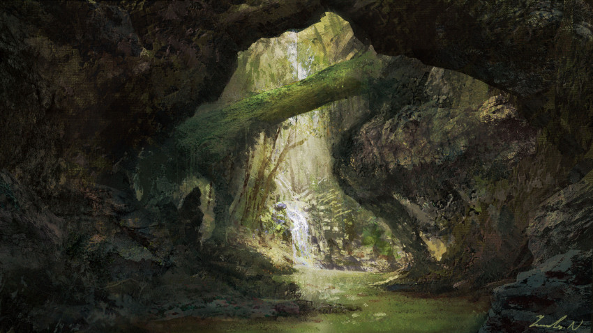 absurdres bridge commentary_request day forest highres making-of_available matsura_ichirou nature no_humans original outdoors river scenery signature water waterfall