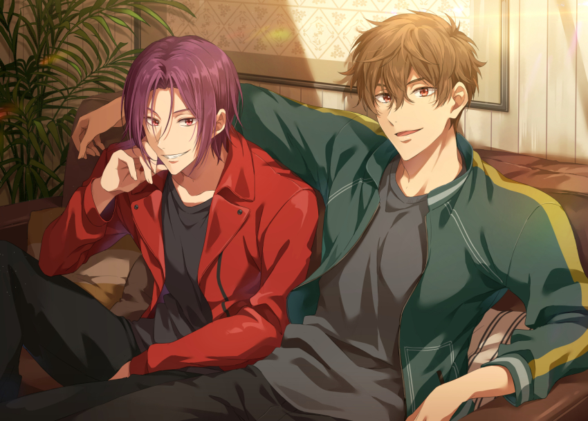 2boys arm_around_shoulder between_legs black_pants black_shirt brown_hair collarbone collared_jacket couch free! green_jacket grin hair_between_eyes hand_between_legs hand_on_own_cheek hand_on_own_face head_rest indoors jacket kirishima_natsuya knee_up looking_at_viewer male_focus matsuoka_rin multiple_boys on_couch open_mouth painting_(object) palm_tree pants picture_frame plant potted_plant red_eyes red_hair red_jacket sharp_teeth shirt side-by-side sitting smile striped_pillow teeth track_jacket tree wooden_wall zattape