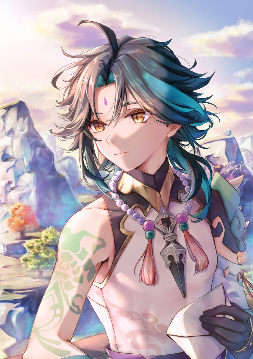 1boy absurdres ahoge arm_tattoo artist_name black_gloves black_hair blue_hair chinese_clothes closed_mouth cloud cloud_print cloudy_sky commentary_request detached_sleeves diamond-shaped_pupils diamond_(shape) envelope evening eyeshadow facial_mark forehead_mark genshin_impact gloves gold_trim gradient_hair hand_up highres holding holding_envelope jewelry long_sleeves looking_afar makeup male_focus mandarin_collar mayupika mountain multicolored_hair necklace outdoors pearl_necklace pink_sky red_eyeshadow shirt short_hair shoulder_spikes sidelocks single_bare_shoulder single_detached_sleeve sky sleeveless sleeveless_shirt solo spikes symbol-shaped_pupils tassel tattoo tree two-tone_hair upper_body white_shirt wide_sleeves xiao_(genshin_impact) yellow_eyes