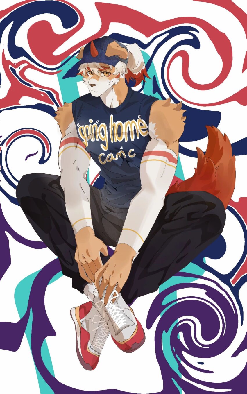 1boy arknights bandaid bandaid_on_cheek bandaid_on_face baseball_cap black_pants blue_shirt closed_mouth colored_tips commentary_request detached_sleeves furry furry_male hat highres horns hung_(arknights) komainu_boy komainu_ears komainu_tail looking_at_viewer male_focus multicolored_hair pants shirt single_horn sitting sleeveless sleeveless_shirt tongjiu32308