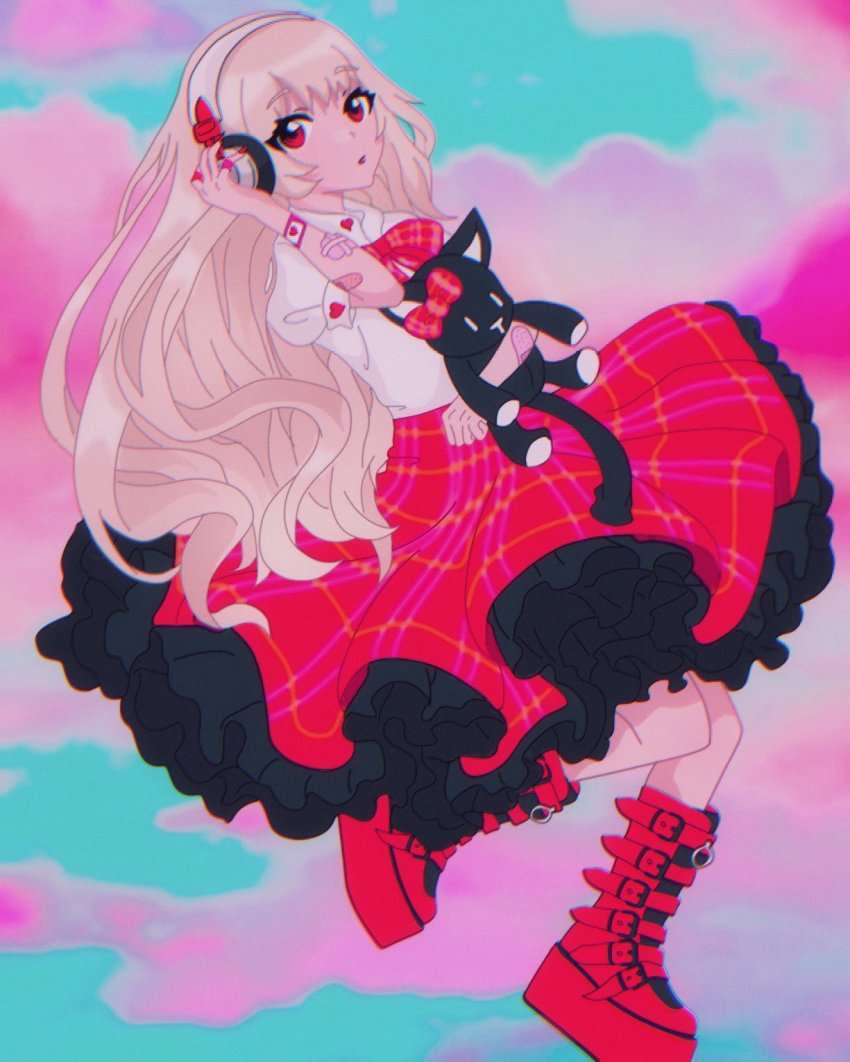 1girl bandaid bandaid_on_arm boots bow collared_shirt eyebrows_hidden_by_hair grey_hair headphones highres holding holding_stuffed_toy long_hair matsunae_tsugumi nyantan plaid_bow plaid_clothes plaid_skirt red_bow red_footwear red_skirt school_uniform shin_subarashiki_kono_sekai shirt skirt stuffed_animal stuffed_cat stuffed_toy subarashiki_kono_sekai two-tone_skirt white_shirt