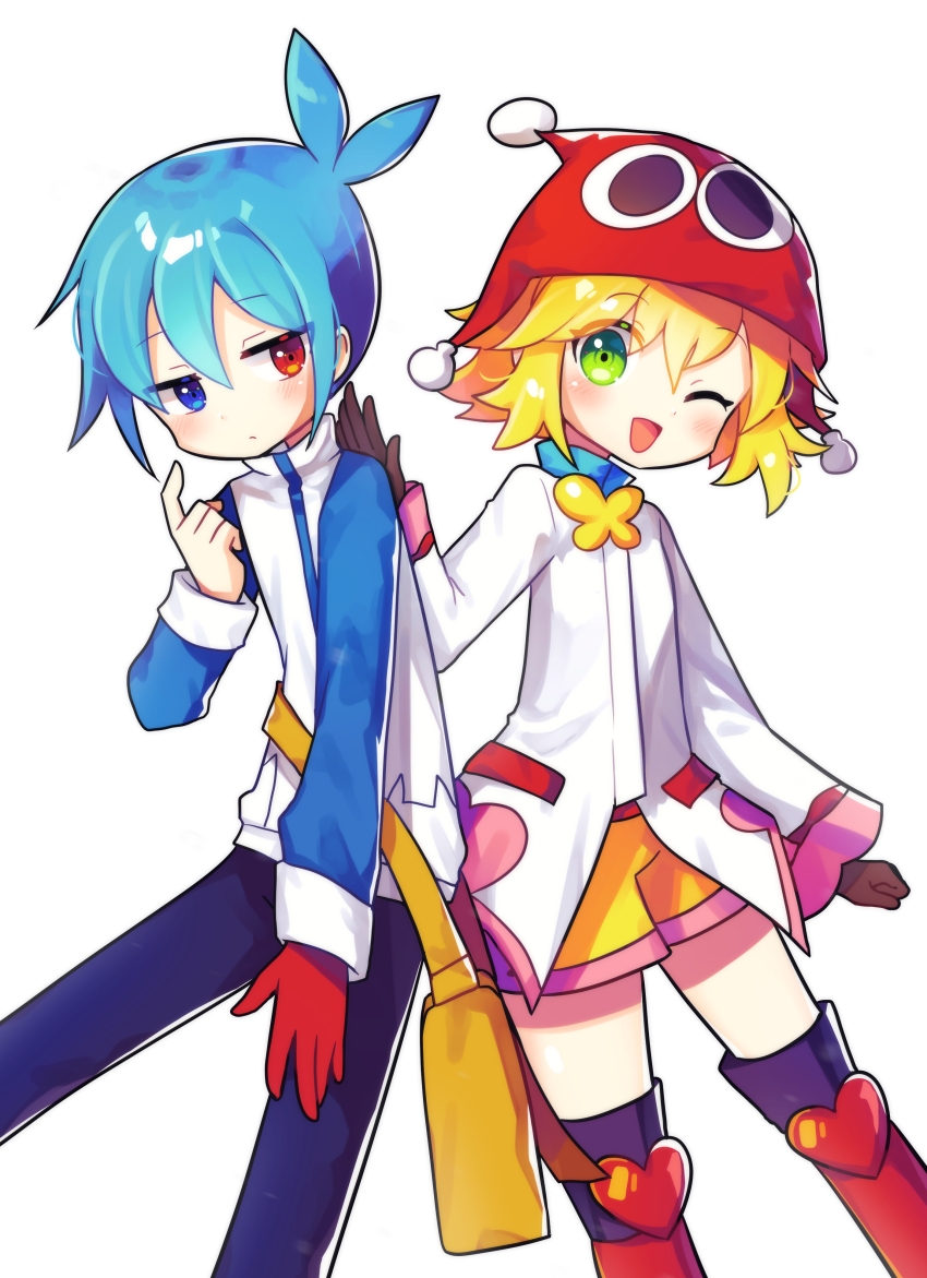 1boy 1girl ;d absurdres amitie_(puyopuyo) antenna_hair arm_at_side black_gloves blonde_hair blue_hair blue_jacket boots brown_bag closed_mouth coat double-parted_bangs expressionless feet_out_of_frame gloves green_eyes hair_between_eyes hand_on_another&#039;s_back hand_up happy heterochromia highres jacket jitome light_blush looking_at_another looking_at_viewer multicolored_jacket offbeat one_eye_closed open_mouth pants patting_back pom_pom_(clothes) pom_pom_hat_ornament puyopuyo puyopuyo_20th_anniversary puyopuyo_fever_2 red_amitie red_footwear red_gloves short_hair side-by-side sideways_glance sig_(puyopuyo) simple_background single_glove smile thigh_boots two-tone_jacket waist_bag white_background white_coat white_jacket yellow_footwear zipper