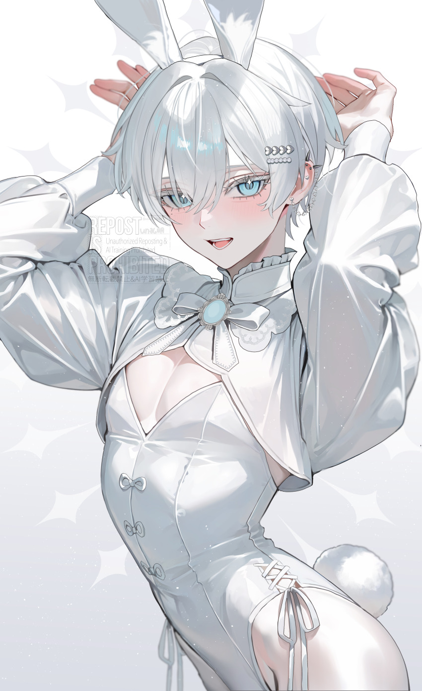 1boy absurdres akadajohnson02 animal_ears arms_up bishounen blue_brooch blue_eyes blush commentary_request ear_chain ear_piercing fake_animal_ears fake_tail hair_ornament hairclip highleg highleg_leotard highres leotard linked_piercing long_sleeves looking_at_viewer male_focus male_playboy_bunny neck_ribbon original parted_lips piercing puffy_long_sleeves puffy_sleeves rabbit_ears rabbit_pose rabbit_tail ribbon short_hair shrug_(clothing) side-tie_leotard simple_background solo sparkling_eyes spiked_ear_piercing tail teeth upper_body watermark white_hair white_leotard white_ribbon white_shrug white_theme