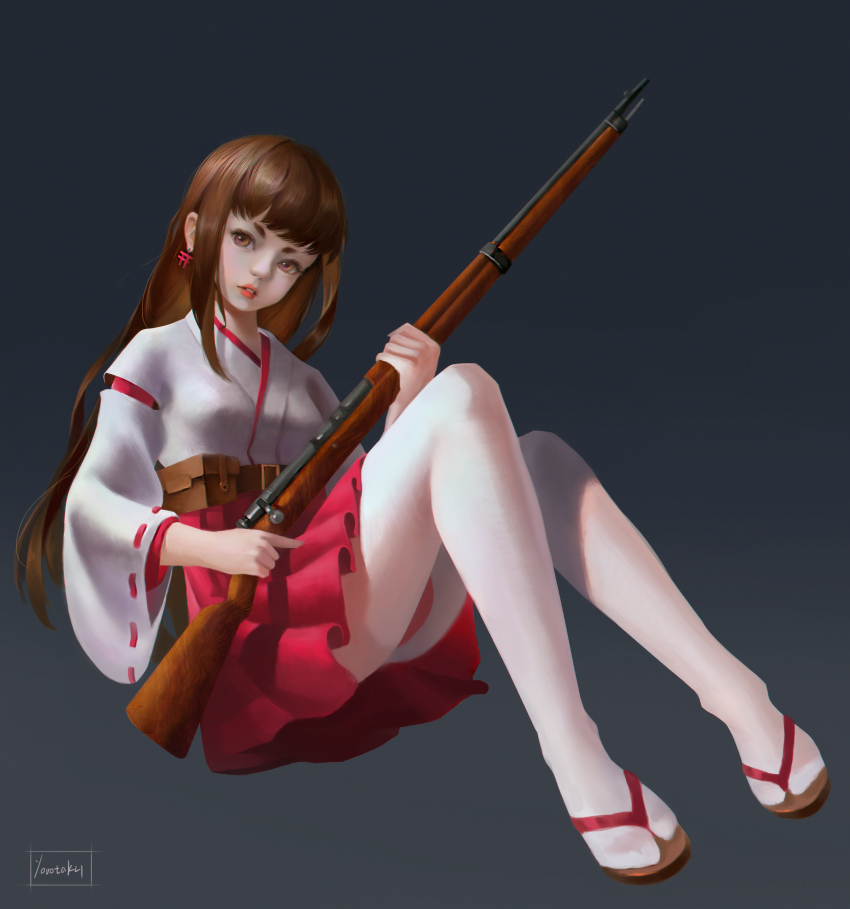 absurdres arisaka bolt_action brown_eyes brown_hair full_body grey_background gun highres japanese_clothes knee_up long_hair looking_at_viewer miko on_ground original red_skirt rifle short_sleeves sitting skirt weapon wide_sleeves youotaku