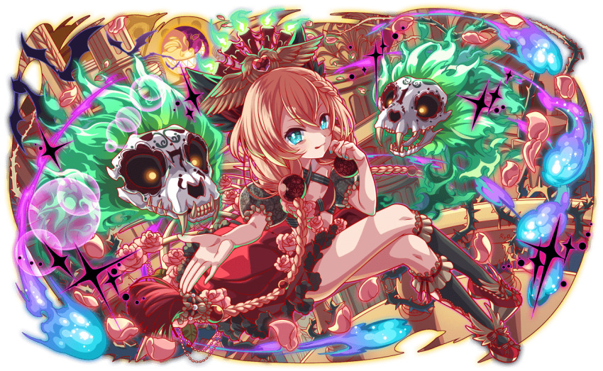 1girl 2others animal_skull anime_coloring aqua_eyes aqua_nails artist_request beads black_sclera black_socks blonde_hair blue_fire bow braid braided_bangs candle closed_mouth collarbone colored_sclera crash_fever criss-cross_halter crossed_legs elbow_on_leg elbow_rest fangs fire flower footwear_bow frilled_sleeves frills front_braid full_body game_cg glowing_pupils green_fire grey_sleeves hair_between_eyes halterneck hat heart_ornament high_heels kneehighs lens_flare light_particles long_hair long_skirt looking_ahead looking_at_another looking_at_viewer low-braided_long_hair low-tied_long_hair multiple_others official_art on_railing open_hand open_mouth outline outstretched_hand pillar pink_flower pink_petals plant puffy_sleeves railing red_bow red_footwear red_outline red_ribbon red_skirt ribbon ribbon_legwear short_sleeves sitting skirt skirt_flower socks solo_focus sparkle tachi-e tassel third-party_source tongue tongue_out transparent_background twin_braids very_long_hair vines wing_ornament xibalba_(crash_fever) yellow_eyes yellow_hat