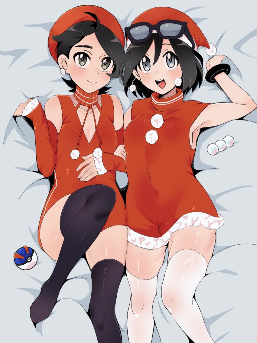 2boys :d beads bed_sheet black_hair black_thighhighs bracelet calem_(pokemon) collarbone commentary_request crossdressing crossdressing_(mtf) dress earrings great_ball grey_eyes hair_between_eyes hand_up happy hat highres jewelry knees male_focus multiple_boys nintendo open_mouth orange_dress paxton_(pokemon) poke_ball pokemon pokemon_legends:_z-a pokemon_xy sana_(37pisana) sheet_grab short_hair smile teeth thighhighs tongue white_thighhighs