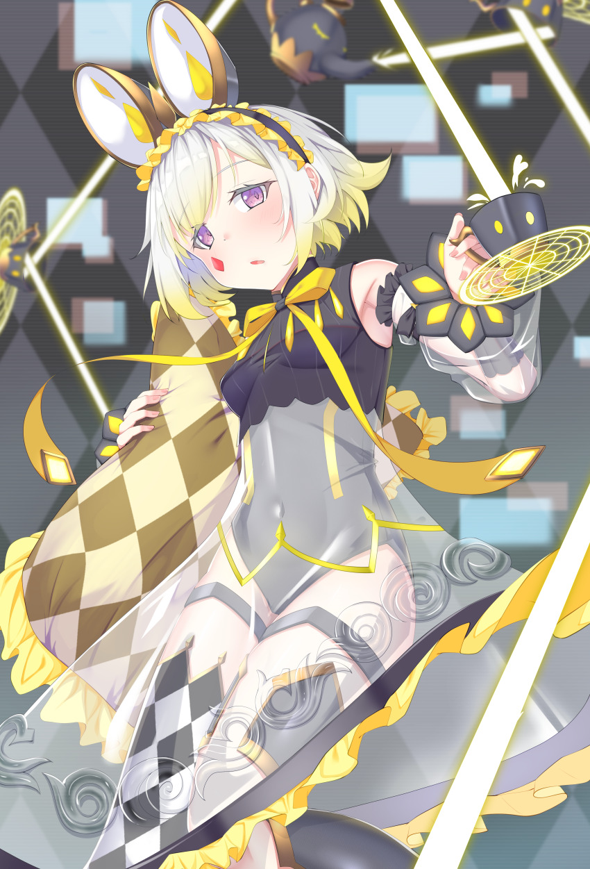1girl absurdres animal_ears asymmetrical_legwear black_leotard blush breasts checkered_clothes checkered_legwear checkered_pillow covered_navel cup detached_sleeves duel_monster frilled_hairband frills hairband highres holding holding_cup hug hugging_object leotard long_sleeves looking_at_viewer maliss_&lt;p&gt;_dormouse medium_breasts mouse_ears mouse_girl multicolored_hair open_mouth pillow purple_eyes see-through_clothes see-through_skirt see-through_sleeves short_hair skirt small_breasts solo tarako_(mentaitarasupa) teapot two-tone_hair yu-gi-oh!