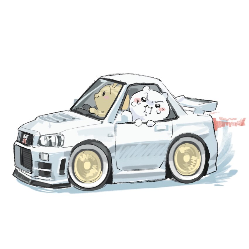 black_eyes blush car chiikawa chiikawa_(character) dou_jiao_bei_w driving highres light_trail motor_vehicle nissan nissan_skyline nissan_skyline_gt-r nissan_skyline_r34 no_humans open_mouth rabbit scared shadow smile spoiler_(automobile) sports_car usagi_(chiikawa) v-shaped_eyebrows vehicle_focus white_background