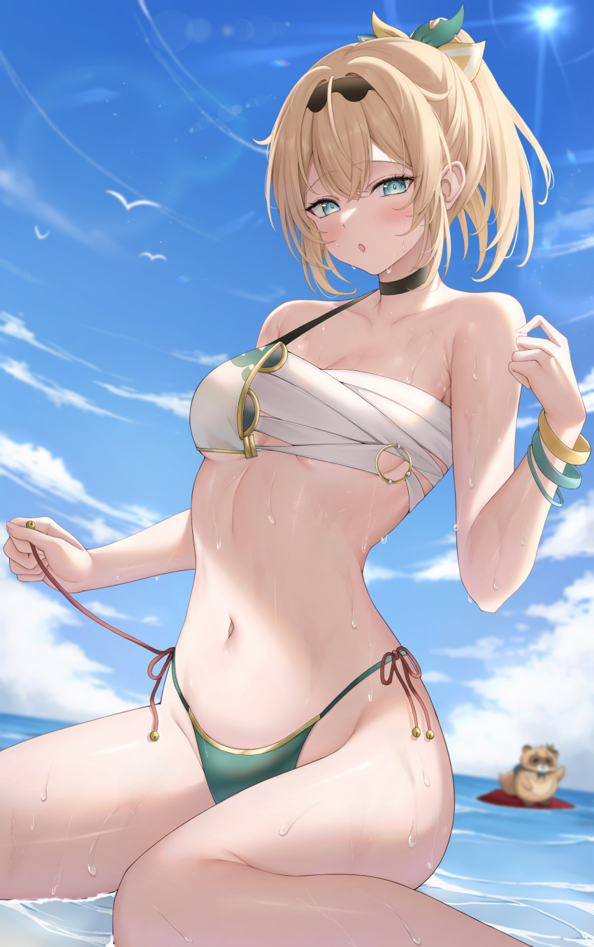 1girl absurdres bikini black_choker blonde_hair blue_eyes blue_sky blush breasts chest_sarashi choker cloud eyewear_hang green_bikini highres hololive kazama_iroha looking_at_viewer medium_breasts midriff navel ocean open_mouth outdoors ponytail sarashi shinigami_kiraki side-tie_bikini_bottom sitting sky solo swimsuit thighs unworn_eyewear virtual_youtuber wariza