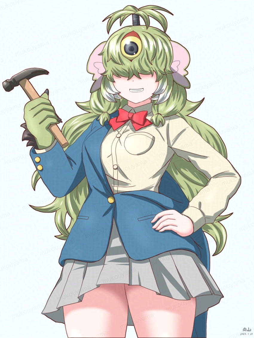1girl alternate_costume blue_jacket blush bow bowtie choppy_bangs collared_shirt cowboy_shot green_hair grey_skirt hammer hand_on_own_hip highres jacket kemono_friends kemono_friends_3 long_hair long_sleeves mukouyama_mu pleated_skirt red_bow red_bowtie sanmoto_gorozaemon_(kemono_friends) school_uniform shirt skirt smile solo topknot white_shirt