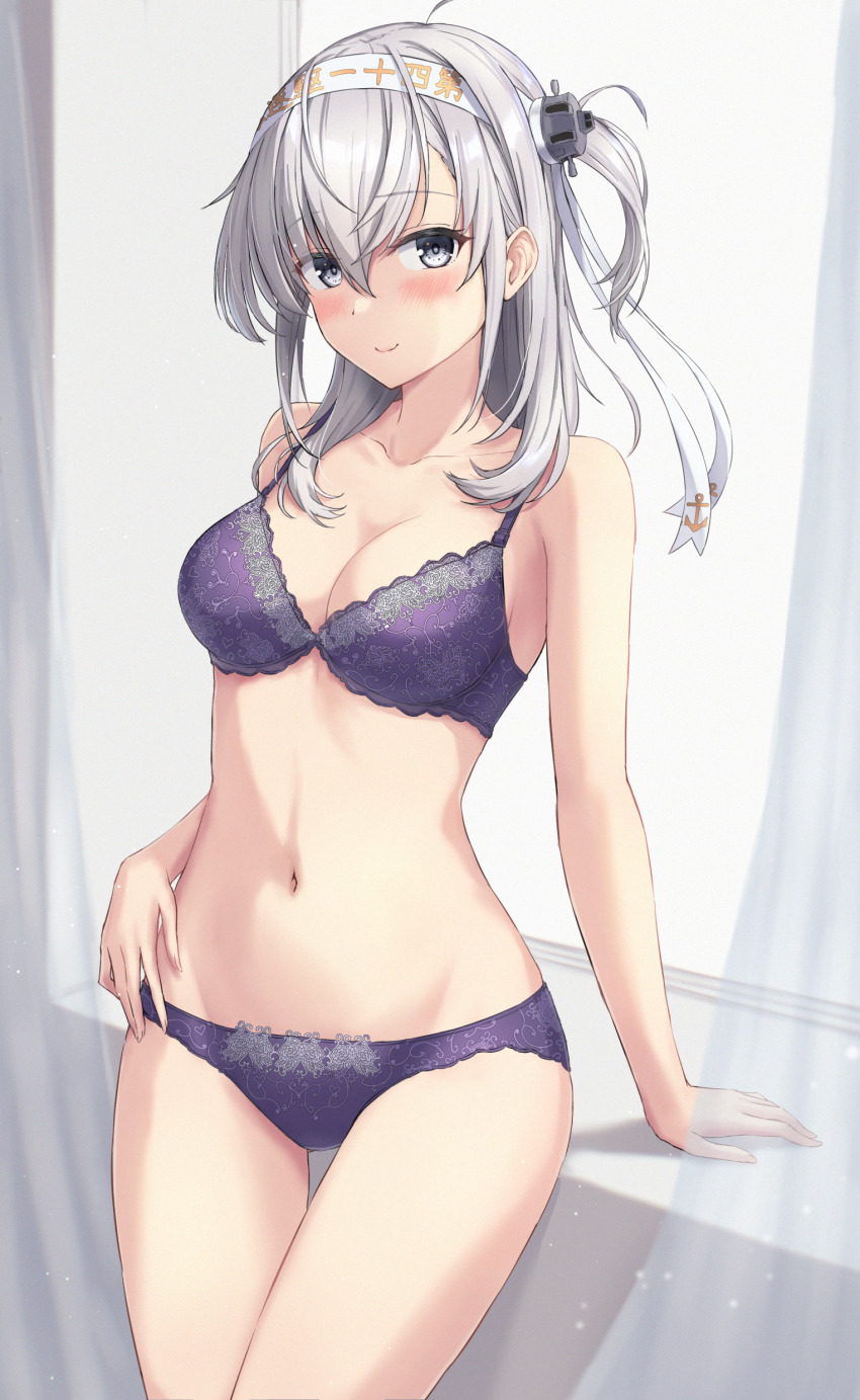 1girl absurdres blush bra breasts closed_mouth collarbone cowboy_shot grey_eyes grey_hair hair_between_eyes headband highres kantai_collection large_breasts long_hair looking_at_viewer monoku navel one_side_up panties purple_bra purple_panties smile solo suzutsuki_(kancolle) underwear underwear_only white_headband