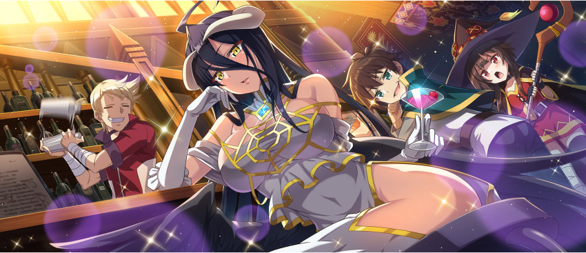 2boys 2girls ahoge albedo_(overlord) arm_support armpit_crease bandaged_arm bandaged_leg bandages bar_(place) bar_stool belt belt_collar black_cloak black_gloves black_hair black_hat black_pants black_thighhighs black_wings blonde_hair breasts brown_belt brown_hair cape chair cleavage cloak closed_eyes cocktail_glass cocktail_shaker collar collarbone covered_navel crossover cup curled_horns demon_girl demon_horns dress drinking_glass dust_(konosuba) elbow_gloves feathered_wings fingerless_gloves from_below game_cg gloves gold_trim green_cape green_eyes grin groin hair_between_eyes hand_on_own_cheek hand_on_own_face hat highres hip_vent holding holding_cup holding_staff horns indoors jacket jitome kono_subarashii_sekai_ni_shukufuku_wo! konosuba!_fantastic_days large_breasts long_bangs long_dress long_hair long_sleeves looking_at_another looking_at_viewer looking_down low_horns low_wings mage_staff megumin multiple_boys multiple_girls off-shoulder_dress off_shoulder official_art on_chair open_mouth overlord_(maruyama) oversized_wings pants parted_lips red_dress red_eyes red_jacket satou_kazuma shade shirt short-sleeved_jacket short_dress short_hair short_hair_with_long_locks short_sleeves single_thighhigh sitting slit_pupils smile smirk spider_web_print staff standing stool taut_clothes taut_dress thighhighs thighs v-shaped_eyebrows very_long_hair white_collar white_dress white_gloves white_horns white_shirt wings witch_hat yellow_eyes zettai_ryouiki