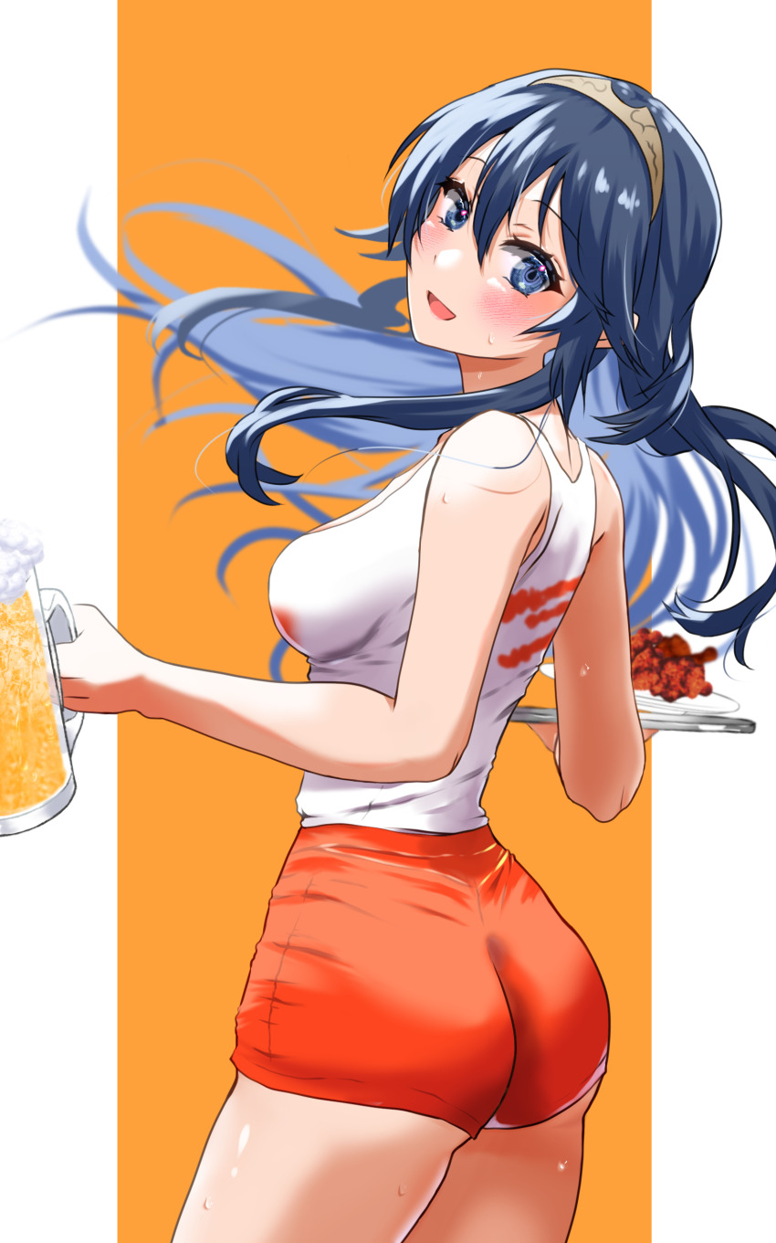 1girl :d absurdres alcohol ass beer beer_mug blue_eyes blue_hair chicken_wing cup employee_uniform fire_emblem fire_emblem_awakening highres hooters lucina_(fire_emblem) mu_tu_bu mug nintendo no_legwear open_mouth orange_shorts short_shorts shorts smile solo waitress