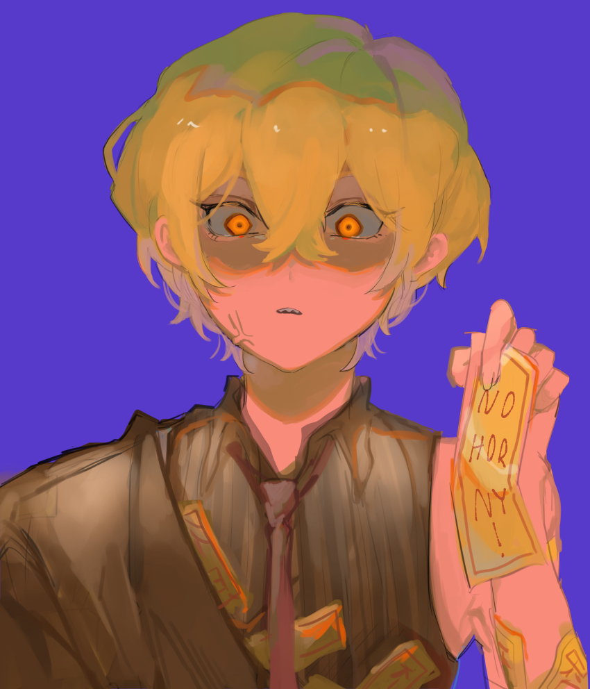 1boy absurdres anger_vein armpits blonde_hair e.g.o_(project_moon) english_text highres limbus_company male_focus meme mesoold necktie no_horny_(meme) project_moon purple_background red_necktie red_sheet_(e.g.o) short_hair simple_background sinclair_(project_moon) solo talisman upper_body yellow_eyes