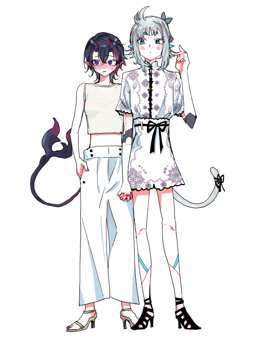 2girls absurdres alternate_costume alternate_height amaotome and_uge animal_ears black_dress black_hair black_ribbon black_sandals blue_eyes blush breasts cat_ears circle_facial_mark closed_mouth dress expressionless flat_chest floral_print floral_print_dress full_body grey_hair grey_sandals grey_shirt high_heel_sandals highres holding_hands looking_at_another looking_to_the_side medium_breasts midriff multiple_girls nanashi_inc. nose_blush pants pointy_ears print_dress purple_eyes red_hair ribbon ryugasaki_rene sandals shirt short_hair short_sleeves simple_background sleeveless sleeveless_shirt tail tail_ornament tail_ribbon thick_eyebrows virtual_youtuber white_background white_pants yuri
